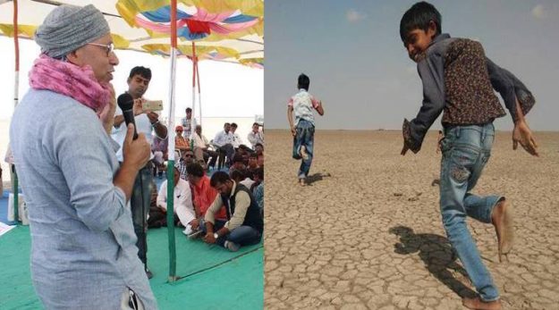 Osama Manzar of Digital Empowerment Foundation briefs the parents of Rann shala students; children run on the barren land of Little Rann of Kutch.