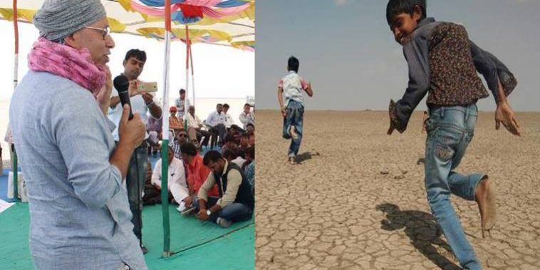 Osama Manzar of Digital Empowerment Foundation briefs the parents of Rann shala students; children run on the barren land of Little Rann of Kutch.